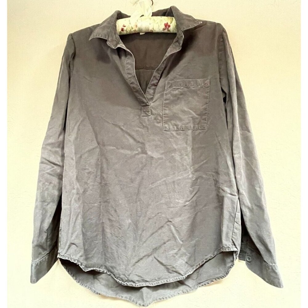 Cloth & Stone Womens V-Neck Roll-Tab Sleeve Chambray Shirt Small Pullover Brown